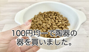 保護犬を迎える準備として、フードボウルは100円均一で買いました。犬用ではないけど、陶器で重さのあるやつです。